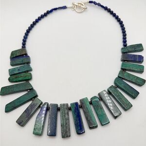 19" Revived Azurite, Lapis Lazuli, larvikite beaded necklace w/ SP clasp!